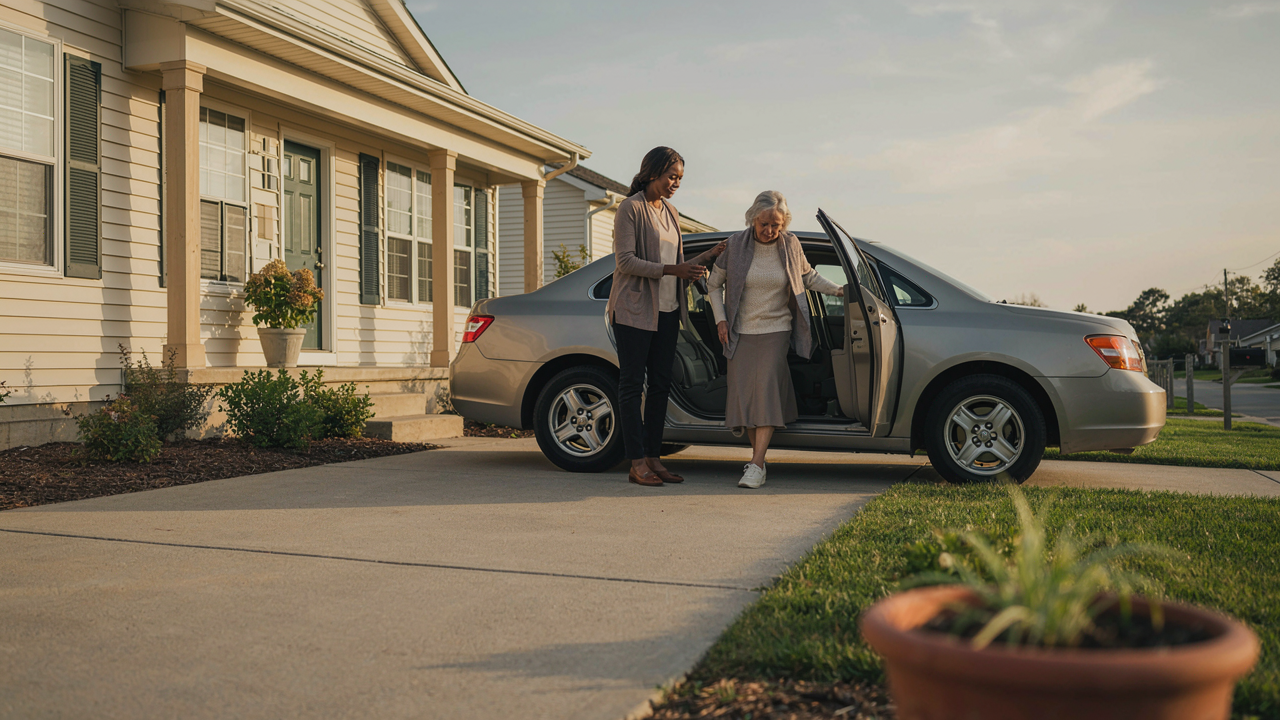 Caregiver helping a client into a car outside their home — care happening where people live