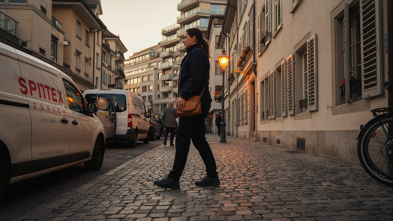 Cantonal street in Lausanne at golden hour, Spitex car parked, nurse walking in with a bag