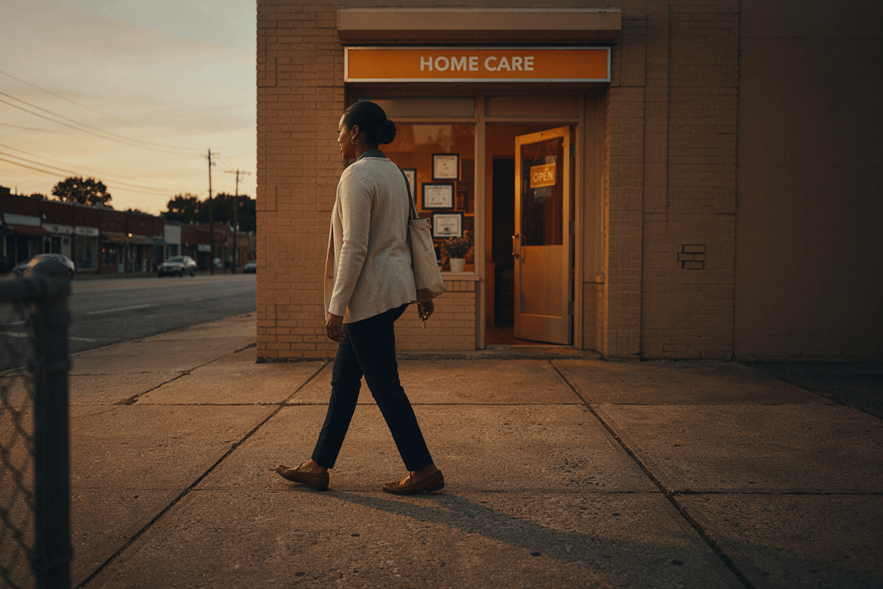 Atlanta street at golden hour, home care agency storefront, caregiver leaving with keys