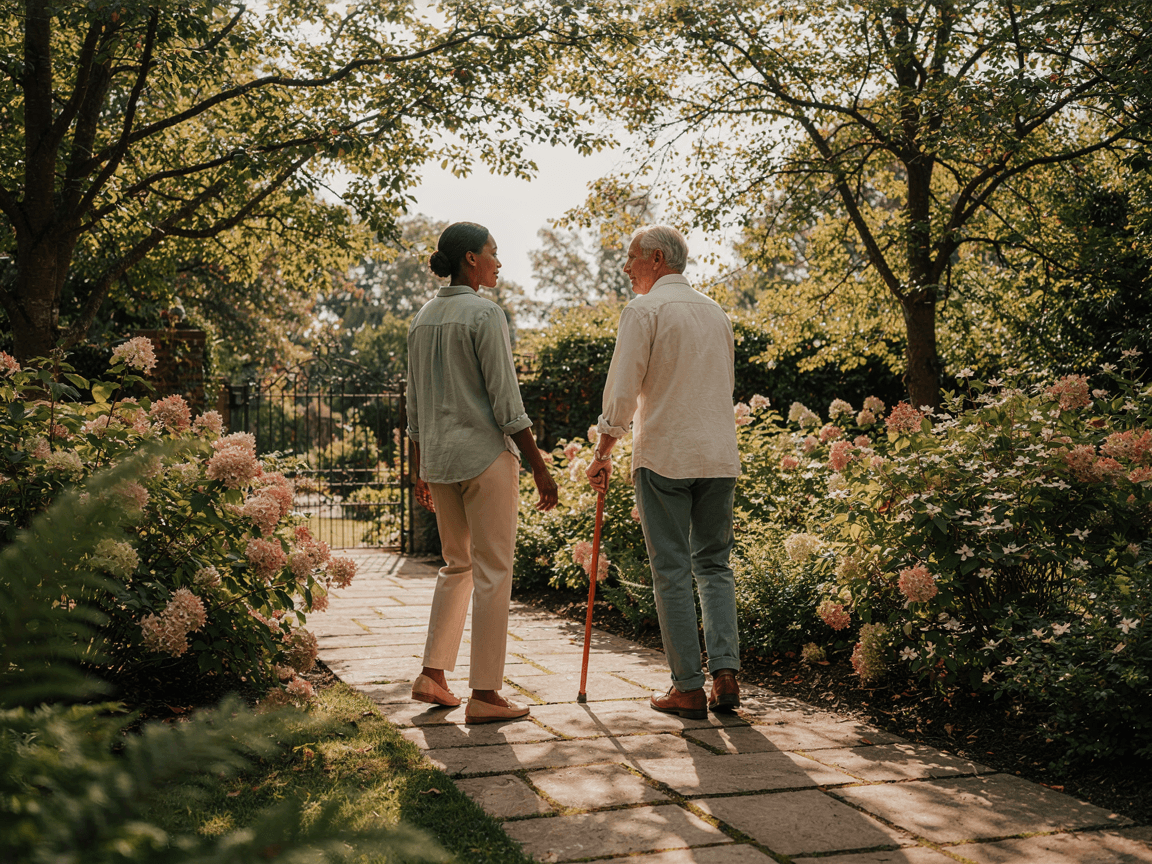 Caregiver walking a client through a garden path in dappled shade