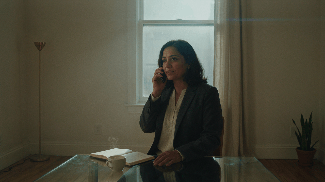 Agency owner in her office, morning light, phone to her ear, no monitor in frame