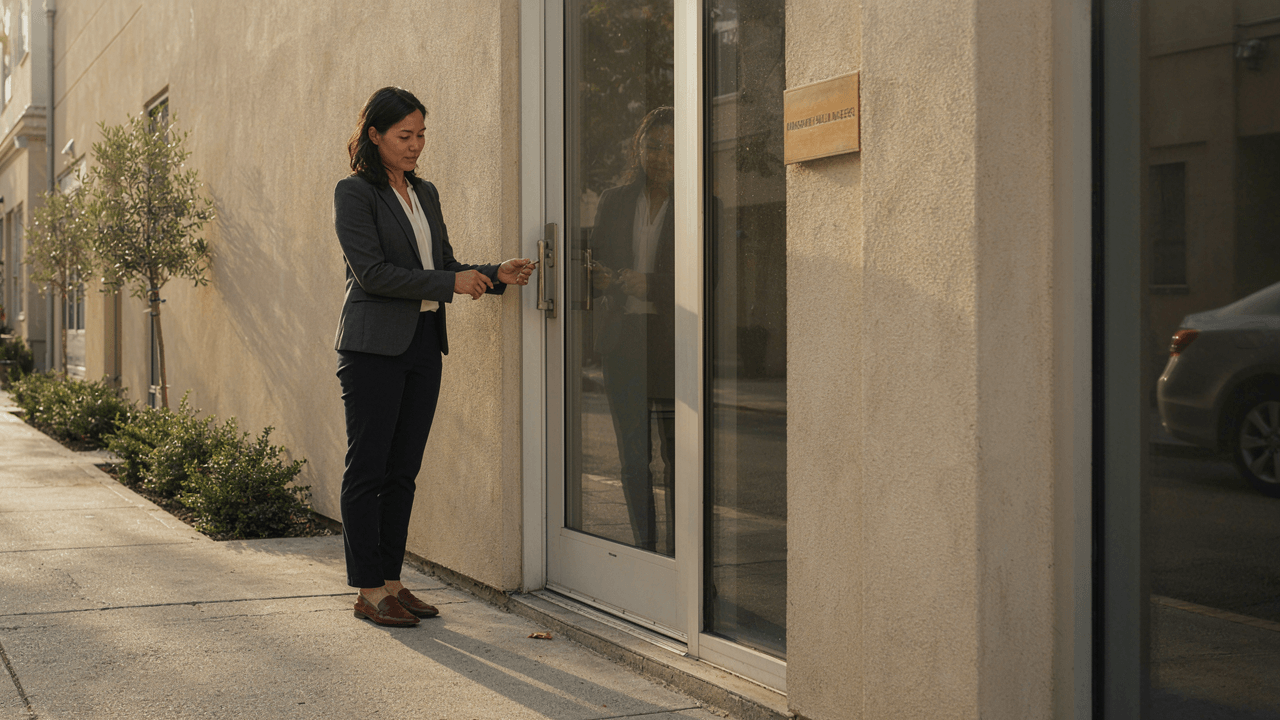 Front of a small independent care agency office, morning, woman unlocking the door