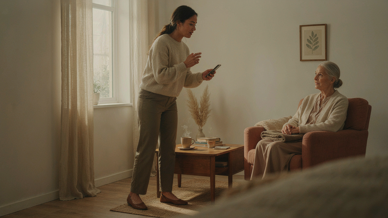 Caregiver in client's living room speaking to Cary on her phone, client in frame, warm light