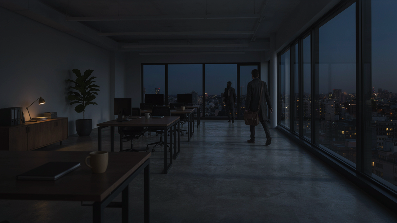 Agency office at 5pm, lights off, one person leaving — the work is done