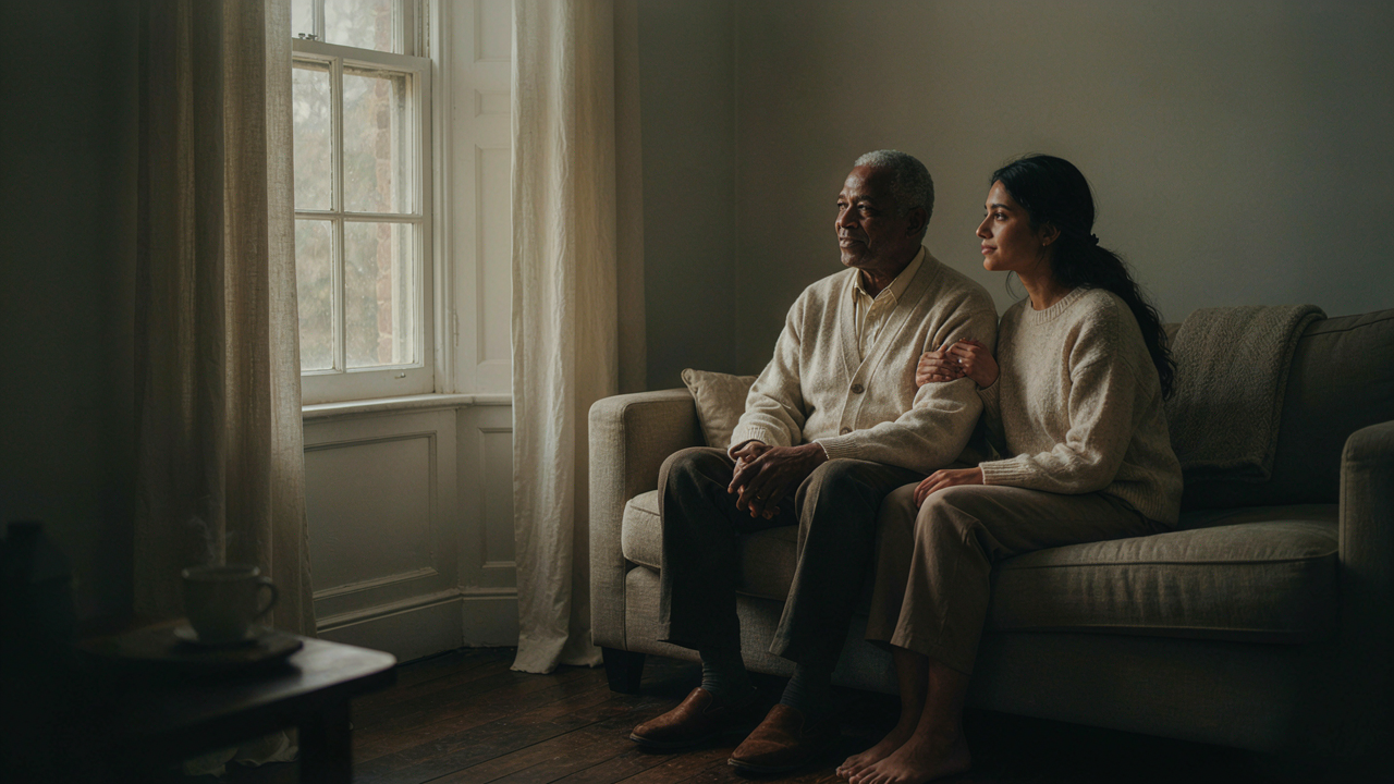 Caregiver and elderly client seated at a window, no device in frame — human in presence