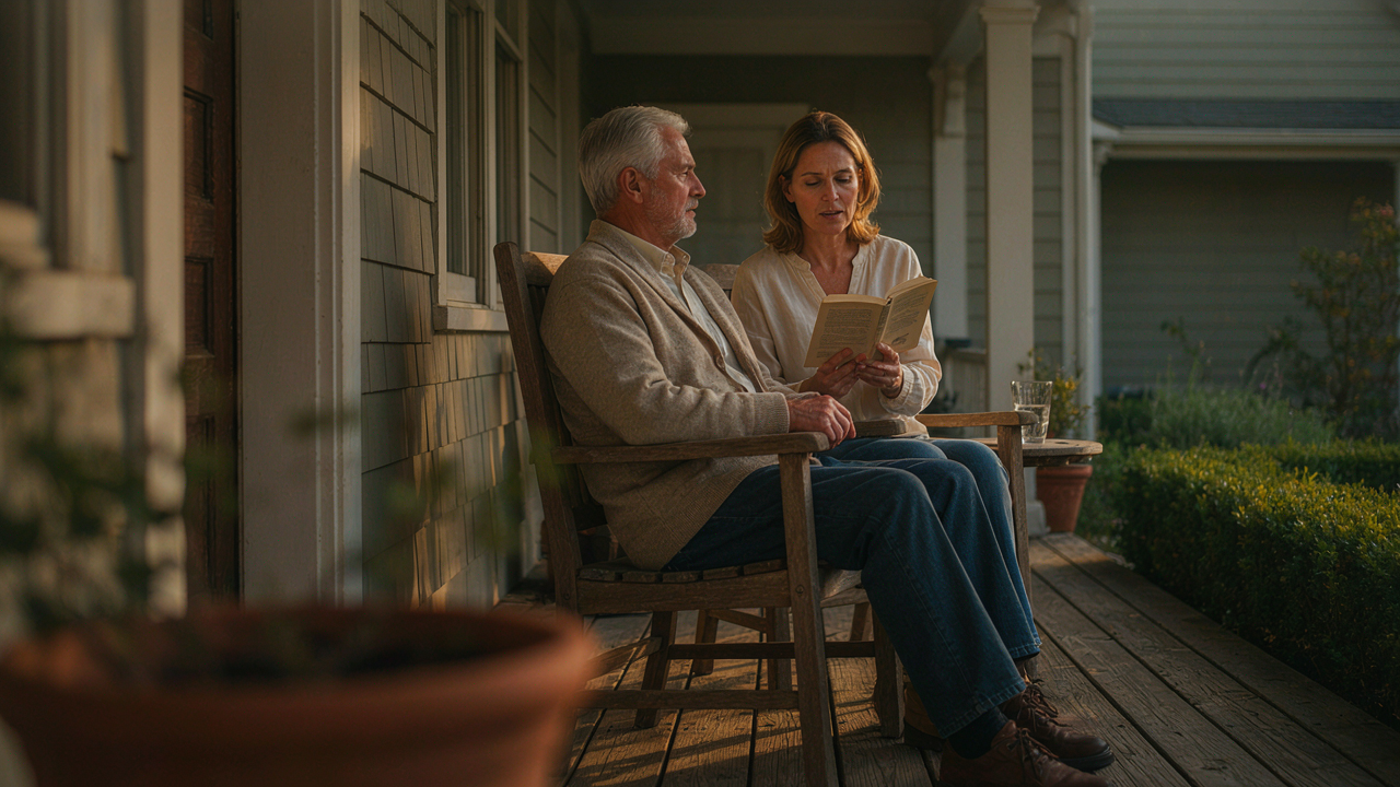 Caregiver reading to a client on a porch at golden hour, hands and faces