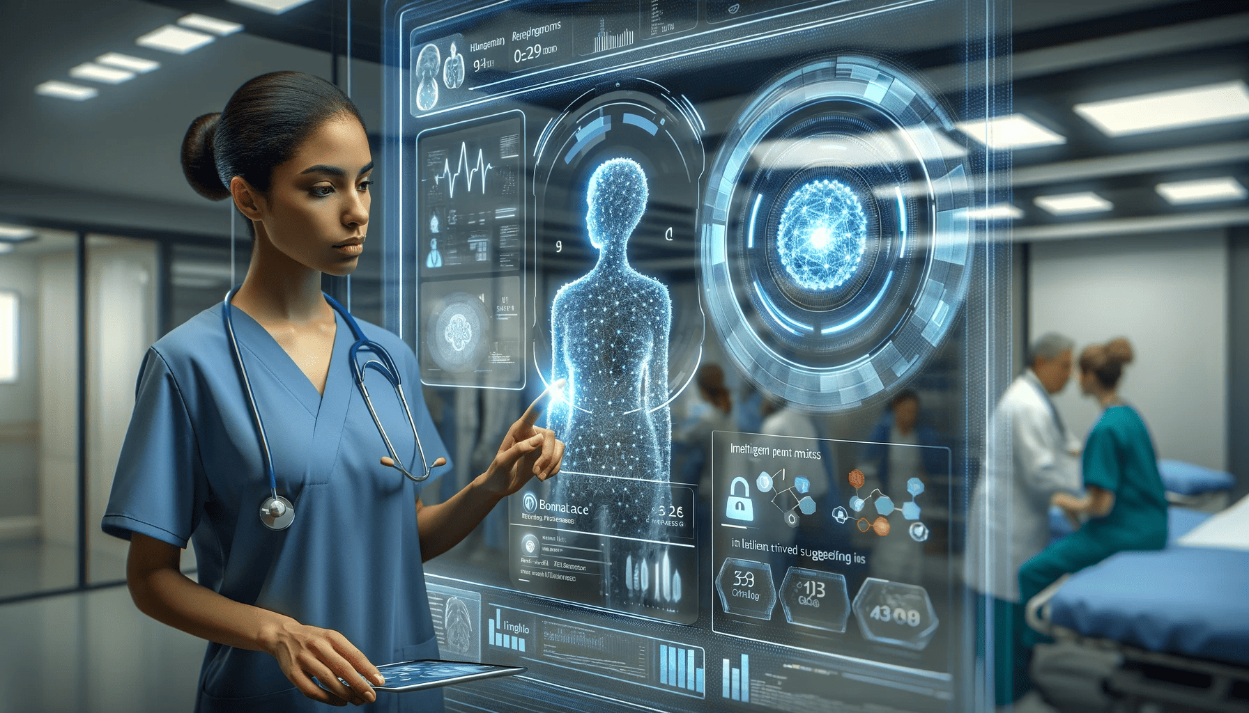 A nurse is pointing at a computer screen. Caryfy AI